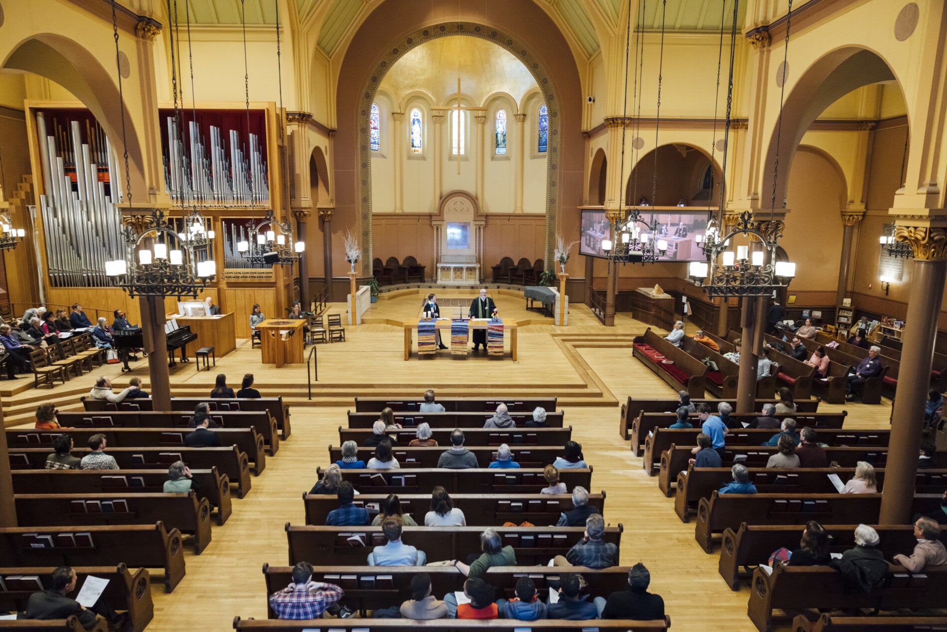 view of sanctuary from balcony during worship service