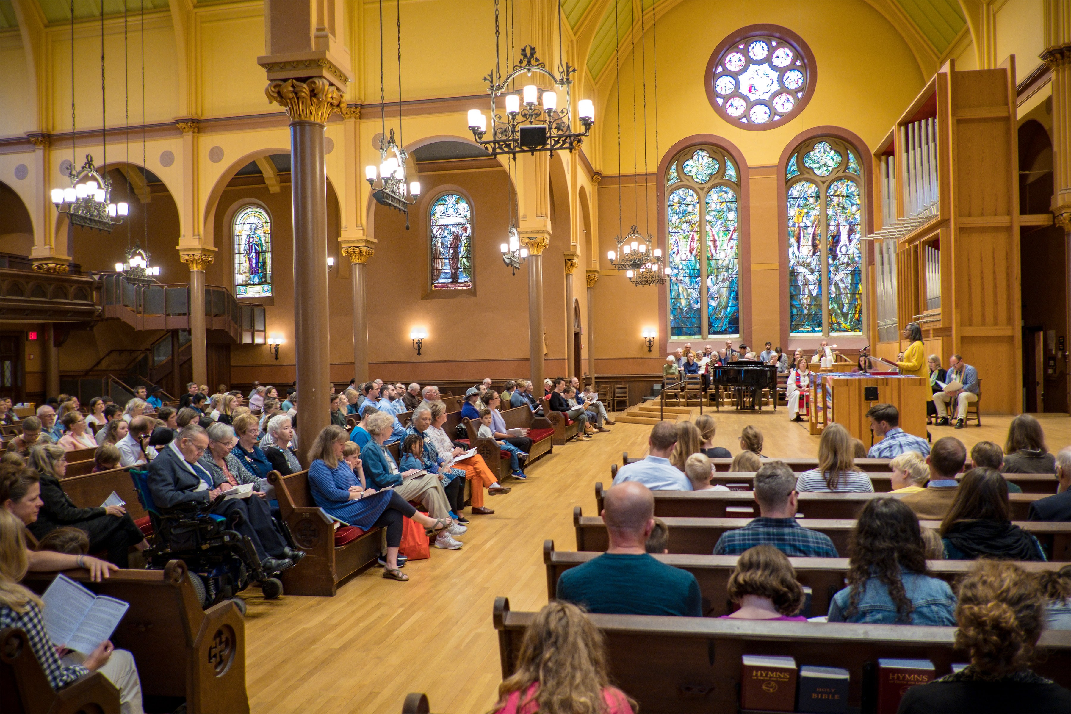 Building Indoors Worship Sanctuary The sanctuary of First Church Cambridge filled with Sunday worshippers