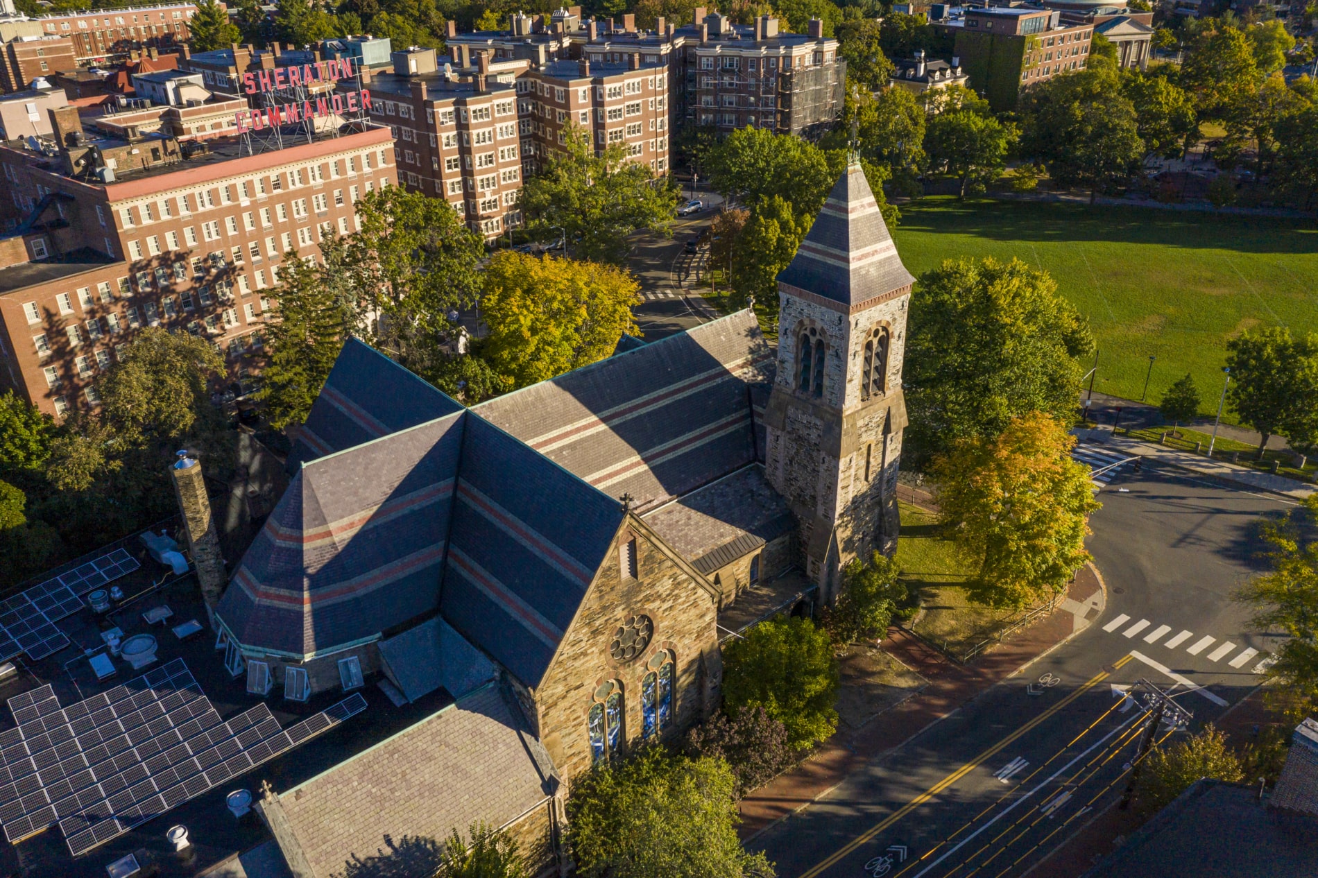 An aerial view of First Church Cambridge in Harvard Square