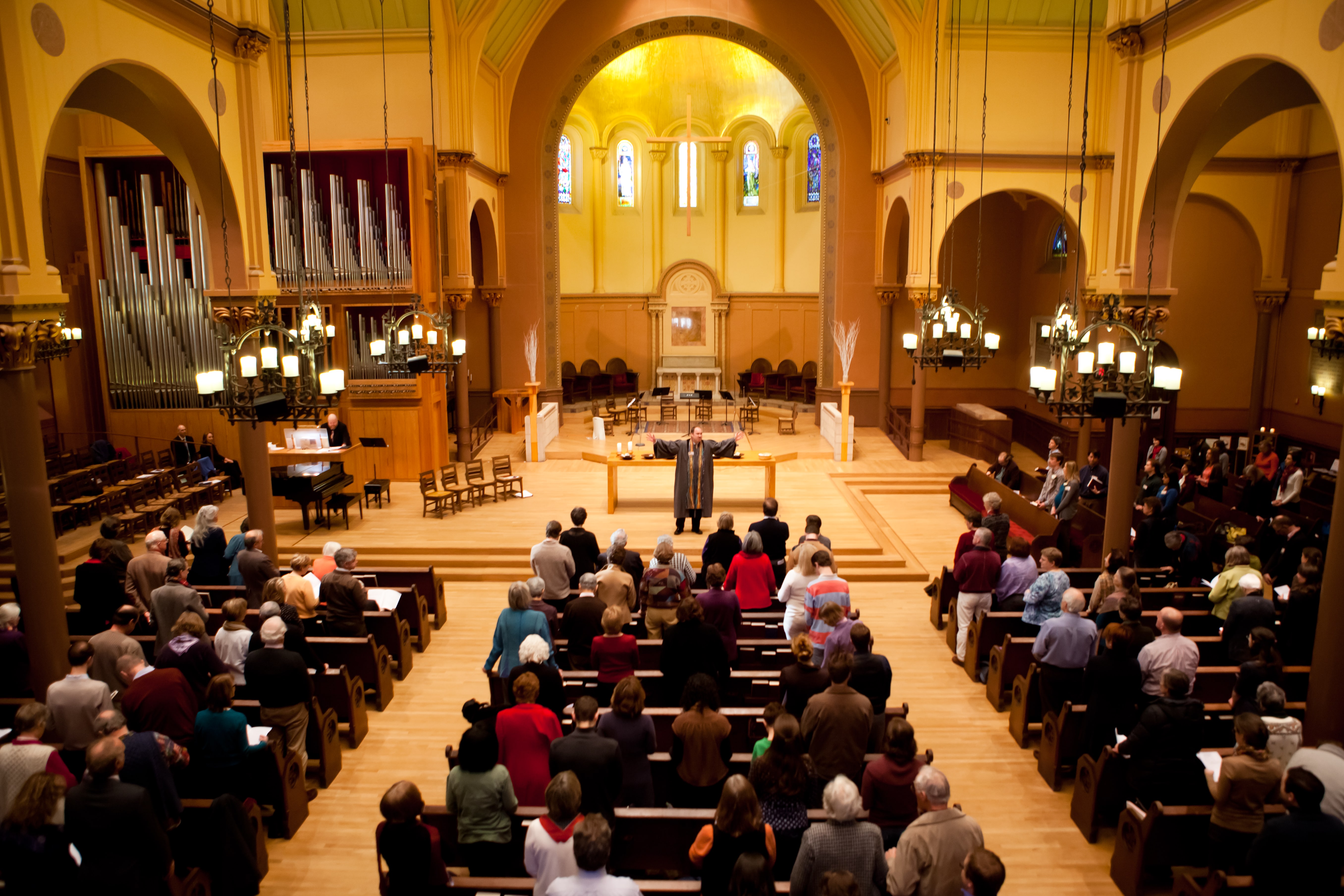Building Indoors Worship A wide angle view showing the congregation in worship in the First Church sanctuary